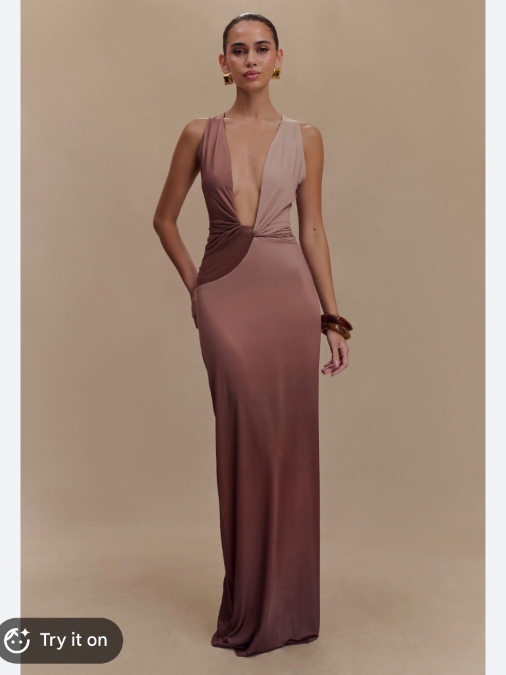 MESHKI Stella Draped Slinky Maxi Dress Mocha Ombre S - Picture 5 of 12